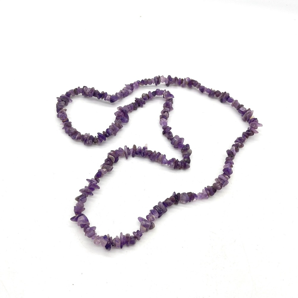 Natural Amethyst Chip Bead Necklace 32 Inch Long Purple Gemstone Strand